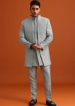 Grey Cotton Silk Sherwani Set With Resham Work