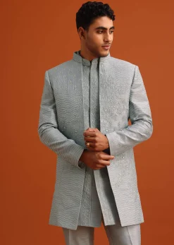Grey Cotton Silk Sherwani Set With Resham Work