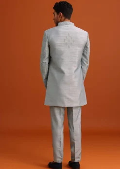 Grey Cotton Silk Sherwani Set With Resham Work