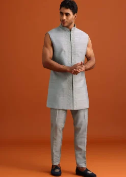 Grey Cotton Silk Sherwani Set With Resham Work