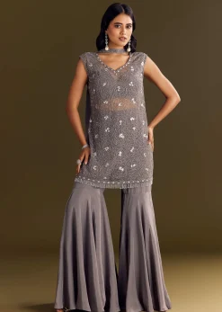 Grey Crepe Kurta Sharara With Net Choker Dupatta