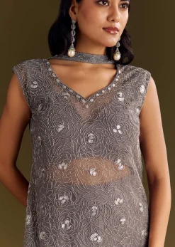 Grey Crepe Kurta Sharara With Net Choker Dupatta