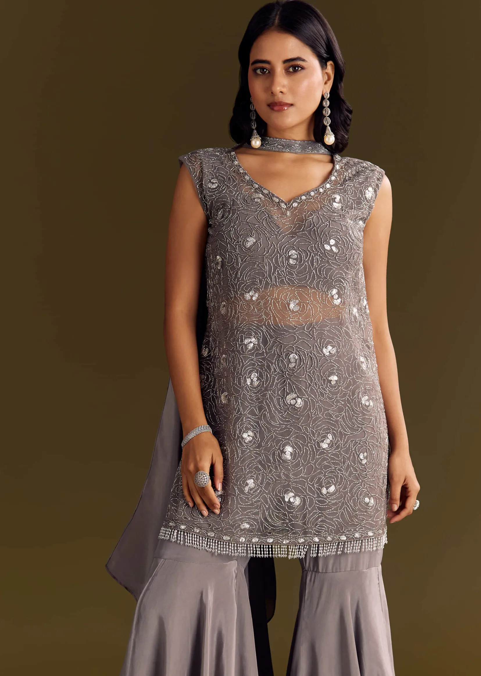 Grey Crepe Kurta Sharara With Net Choker Dupatta