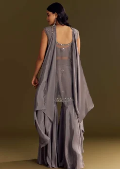 Grey Crepe Kurta Sharara With Net Choker Dupatta
