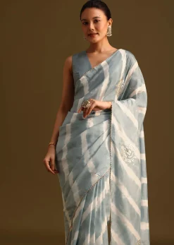 Grey Crepe Shibori Leheriya Saree With Gota Patti Border Work