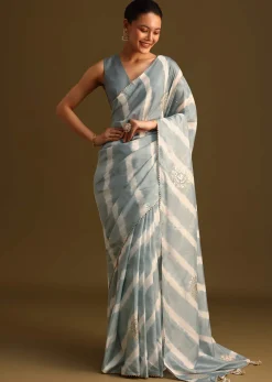 Grey Crepe Shibori Leheriya Saree With Gota Patti Border Work