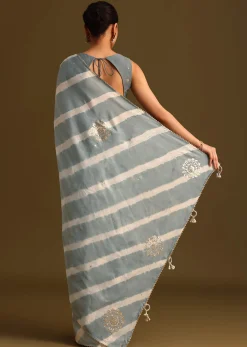 Grey Crepe Shibori Leheriya Saree With Gota Patti Border Work