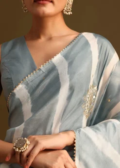 Grey Crepe Shibori Leheriya Saree With Gota Patti Border Work