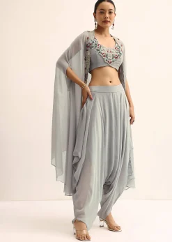 Grey Crop Top With Dhoti And Jacket