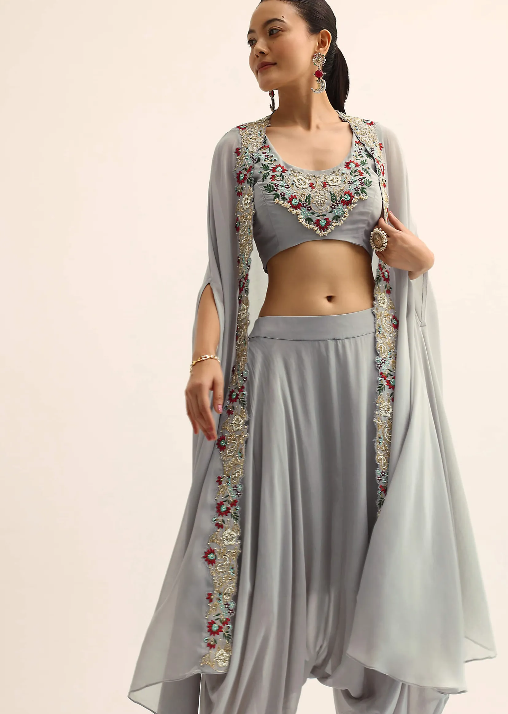 Grey Crop Top With Dhoti And Jacket