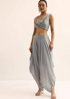 Grey Crop Top With Dhoti And Jacket