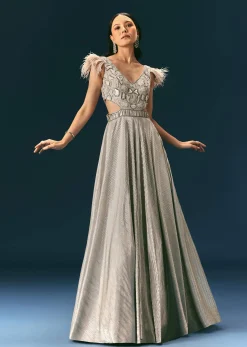 Grey Crushed Flared Gown With Hand Embroidery