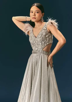 Grey Crushed Flared Gown With Hand Embroidery
