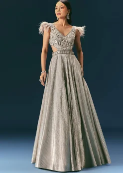 Grey Crushed Flared Gown With Hand Embroidery