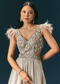 Grey Crushed Flared Gown With Hand Embroidery