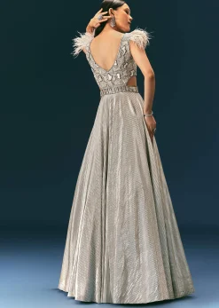 Grey Crushed Flared Gown With Hand Embroidery