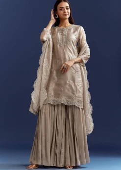 Grey Cutdana And Sequins Kurta With Stone Work Dupatta In Tissue