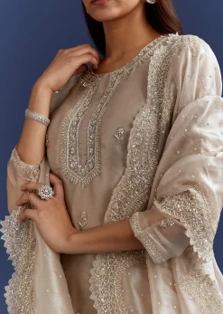 Grey Cutdana And Sequins Kurta With Stone Work Dupatta In Tissue