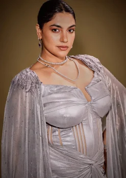 Grey Draped Corset Gown With Embroidered Cape In Net Fabric