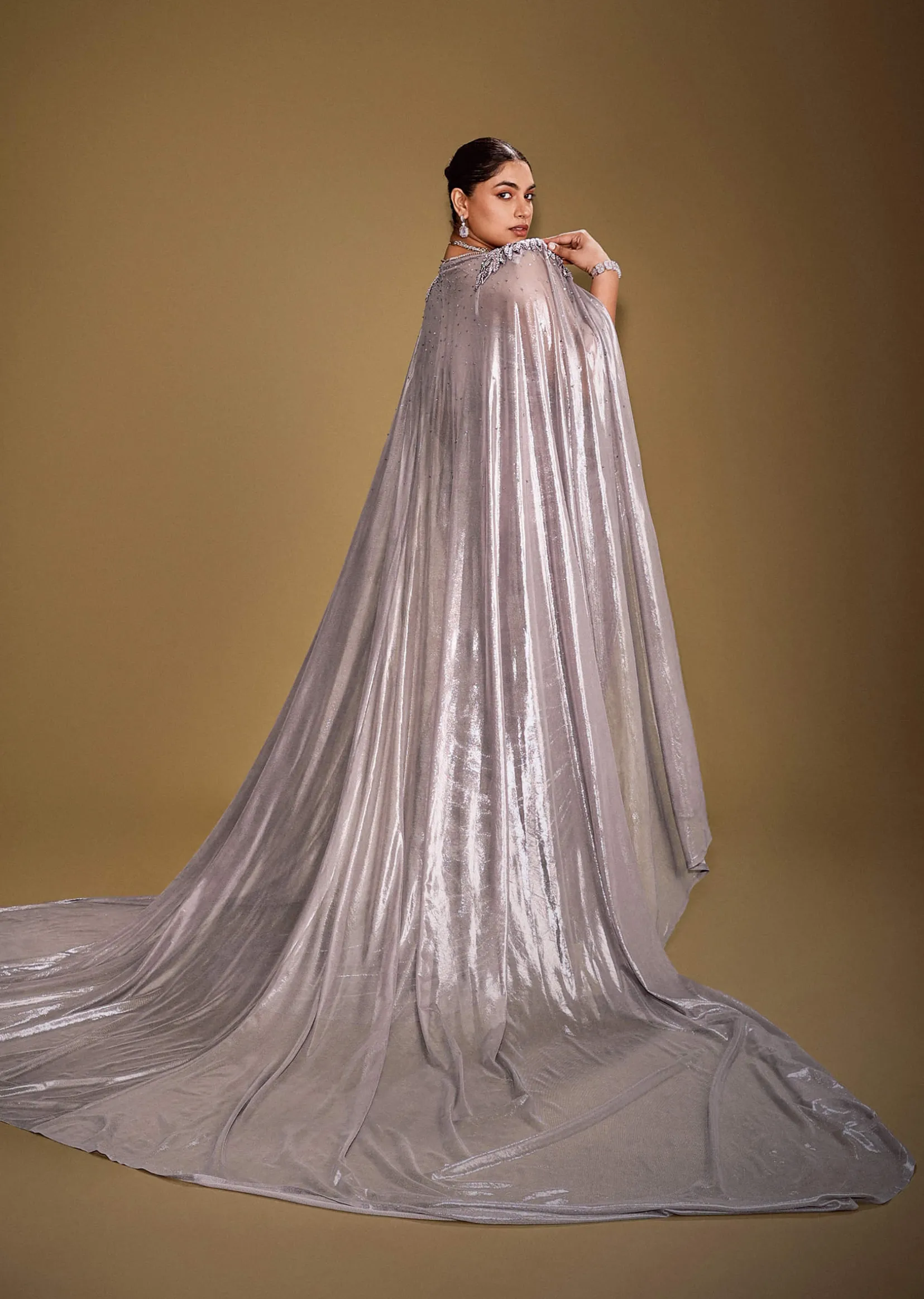 Grey Draped Corset Gown With Embroidered Cape In Net Fabric