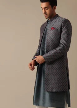 Grey Dupion Silk Sherwani Set With Mirror Work