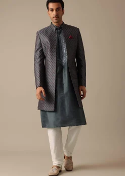 Grey Dupion Silk Sherwani Set With Mirror Work