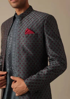 Grey Dupion Silk Sherwani Set With Mirror Work