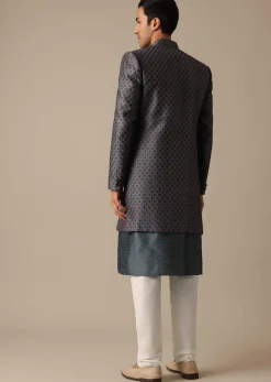 Grey Dupion Silk Sherwani Set With Mirror Work