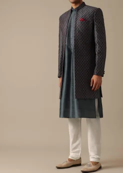 Grey Dupion Silk Sherwani Set With Mirror Work