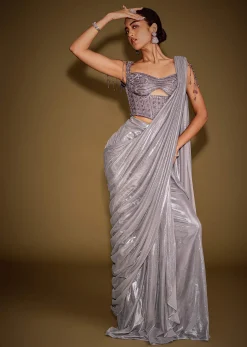 Grey Embellished Corset Blouse With Draped Saree And Tassel Detailing