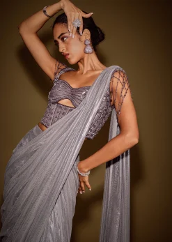 Grey Embellished Corset Blouse With Draped Saree And Tassel Detailing