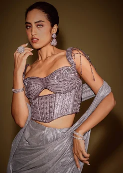 Grey Embellished Corset Blouse With Draped Saree And Tassel Detailing