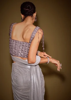 Grey Embellished Corset Blouse With Draped Saree And Tassel Detailing