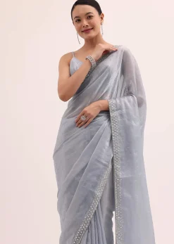 Grey Embroidered Chiffon Saree With Unstitched Blouse