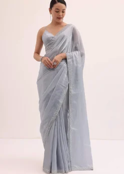 Grey Embroidered Chiffon Saree With Unstitched Blouse