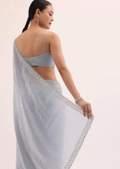 Grey Embroidered Chiffon Saree With Unstitched Blouse