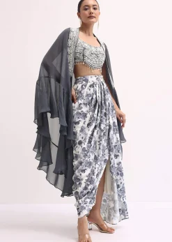 Grey Embroidered Crop Top And Skirt Set