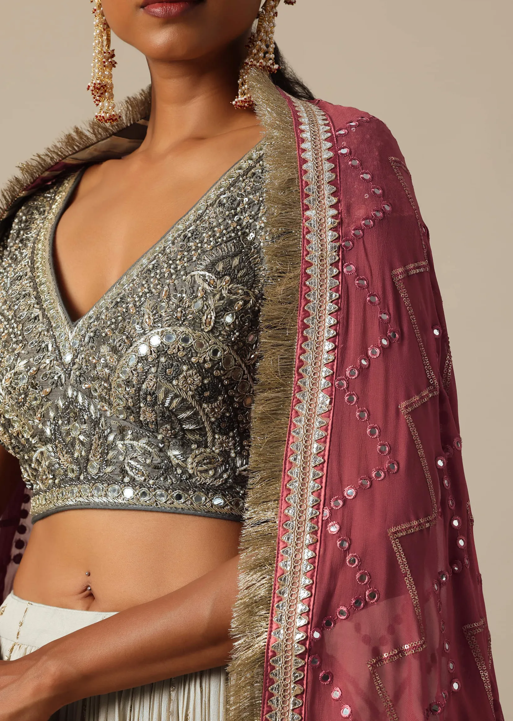Grey Embroidered Lehenga Set With Zardozi Work
