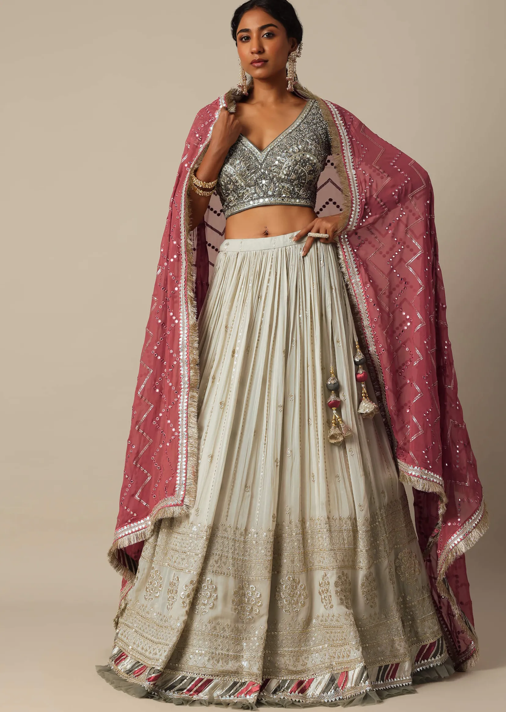 Grey Embroidered Lehenga Set With Zardozi Work