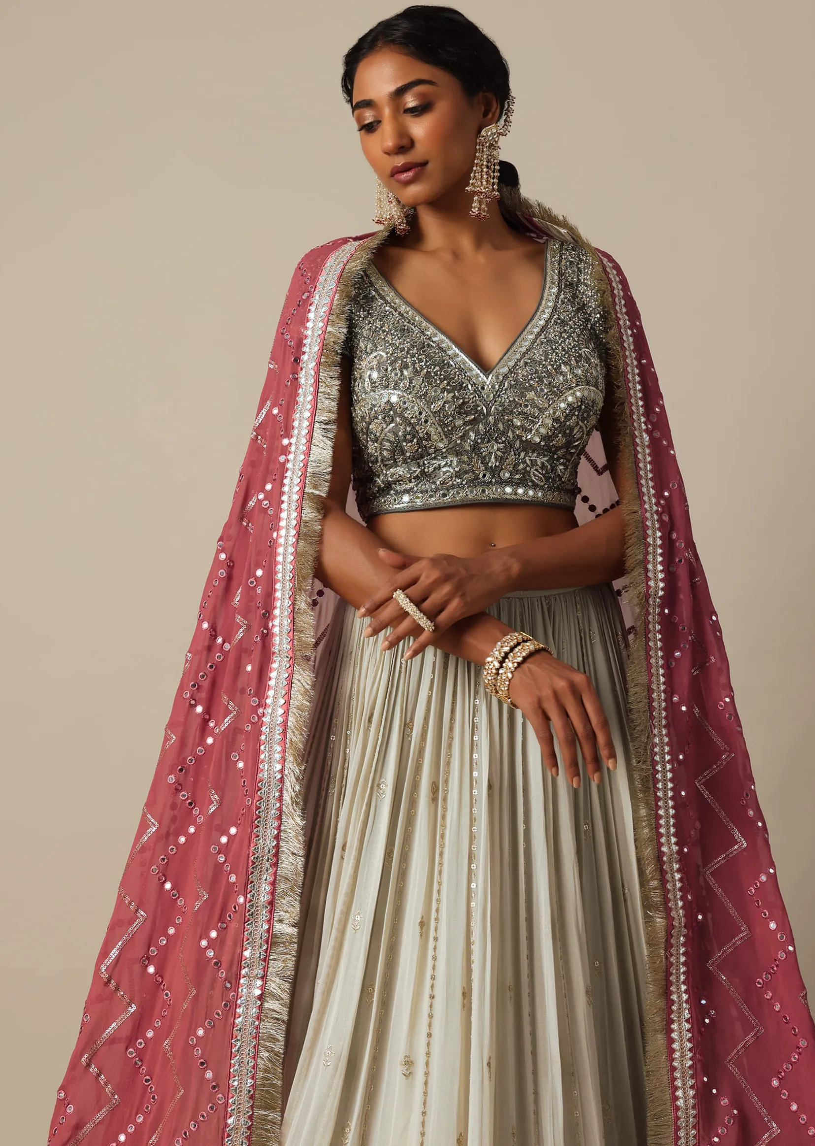 Grey Embroidered Lehenga Set With Zardozi Work