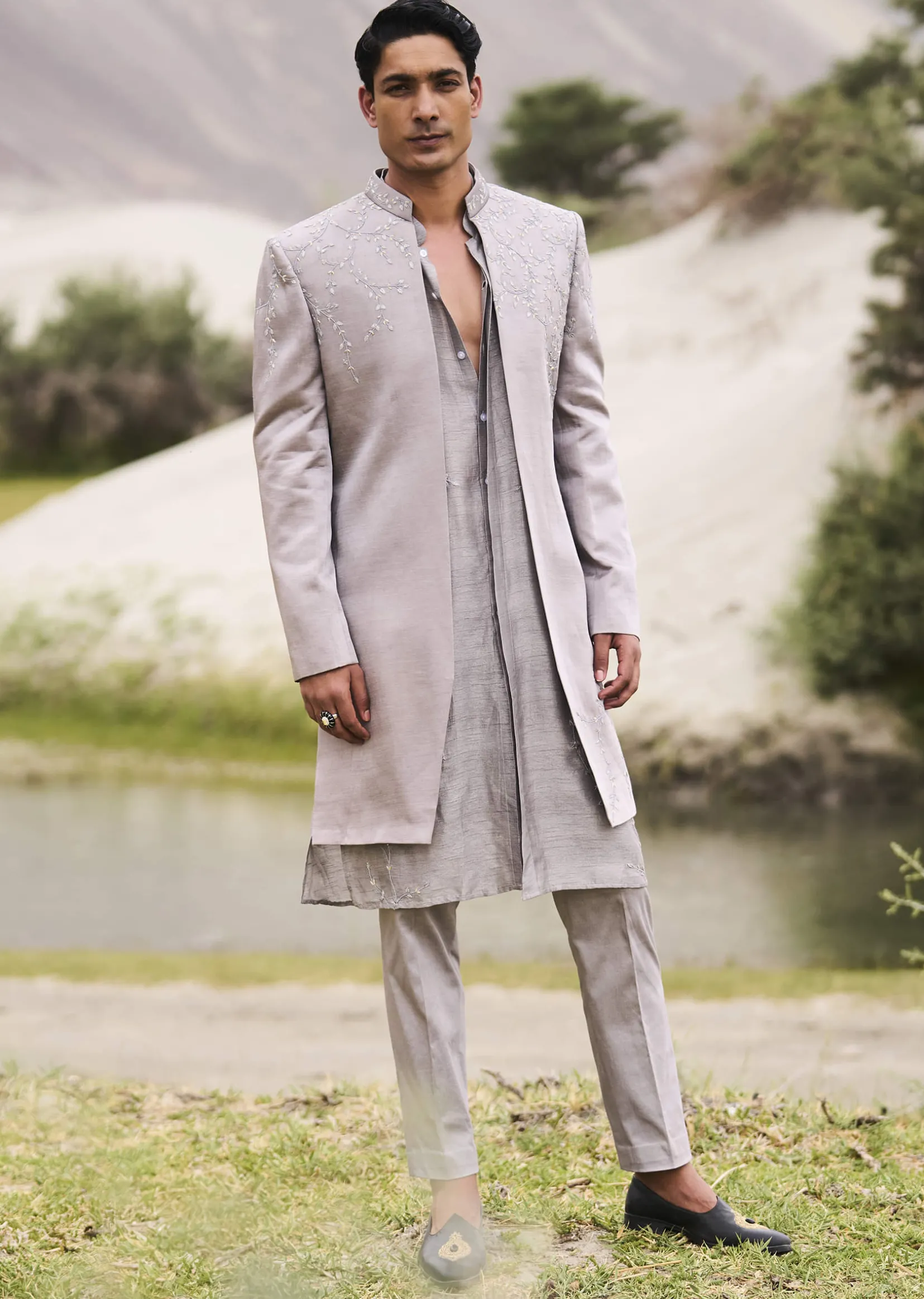 Grey Embroidered Linen Nawabi Suit