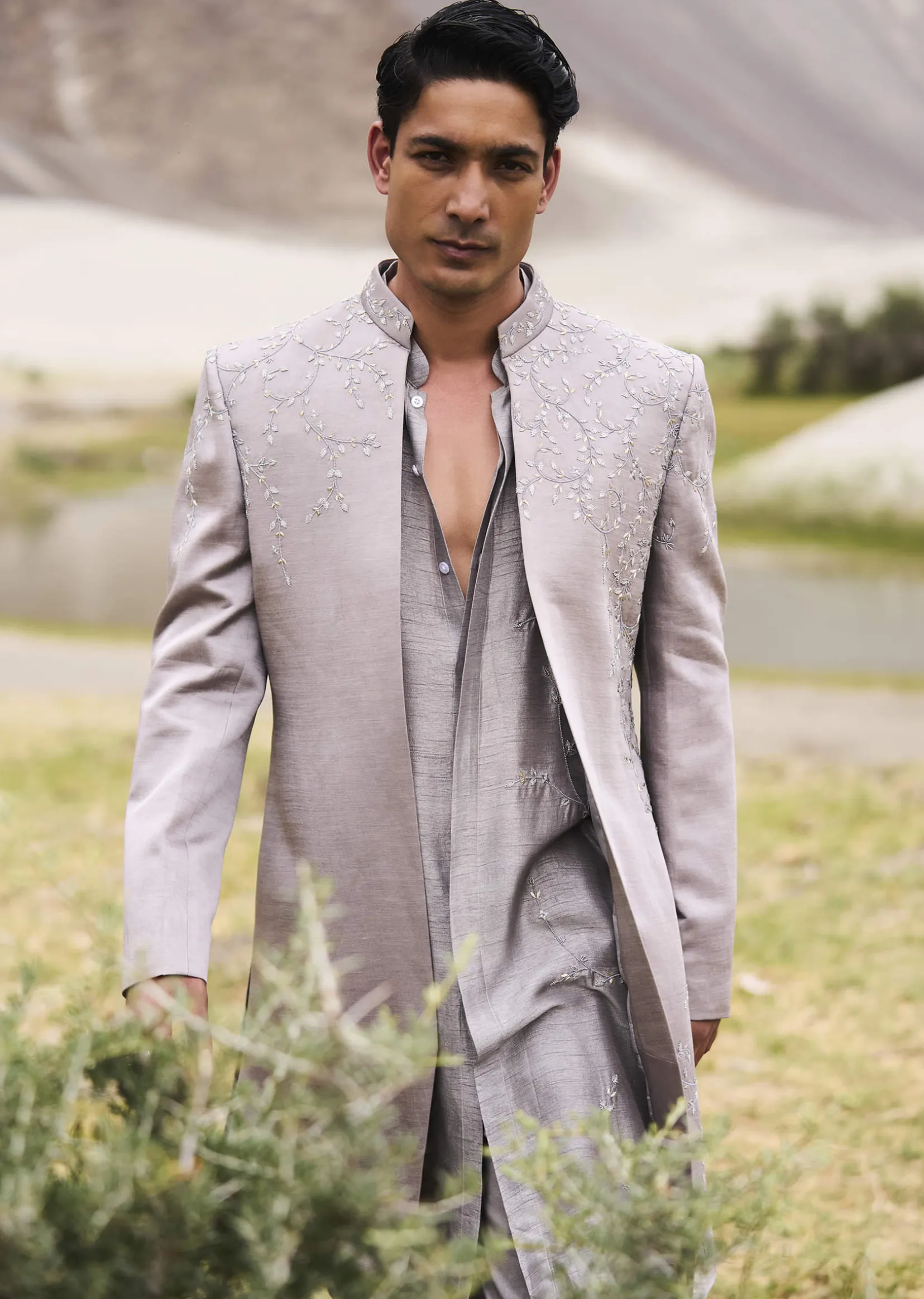 Grey Embroidered Linen Nawabi Suit