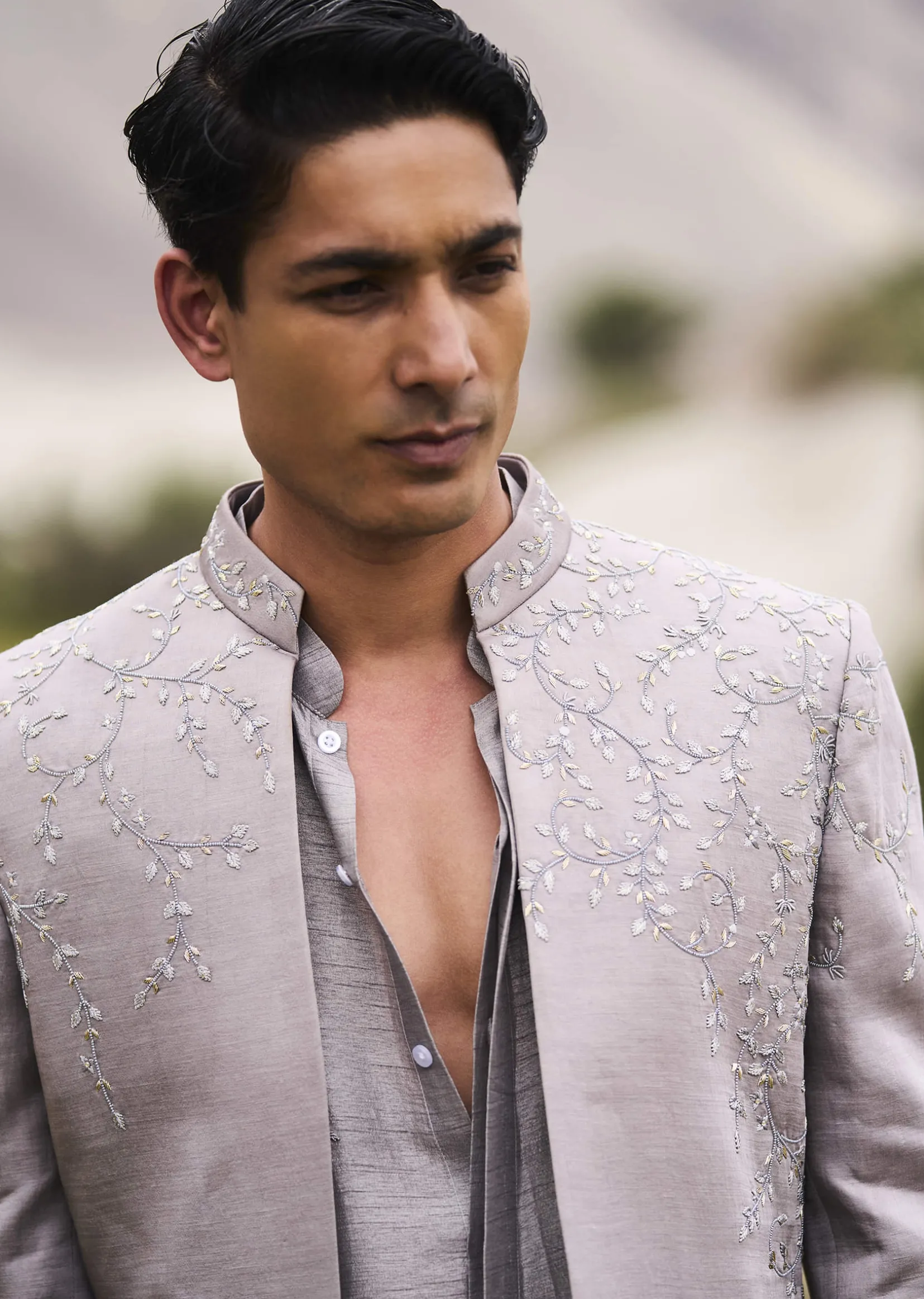 Grey Embroidered Linen Nawabi Suit