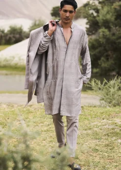 Grey Embroidered Linen Nawabi Suit