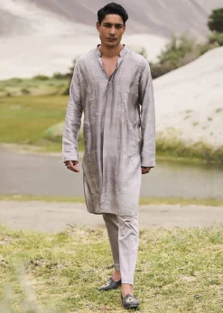 Grey Embroidered Linen Nawabi Suit