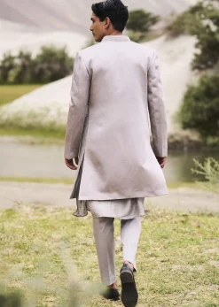 Grey Embroidered Linen Nawabi Suit