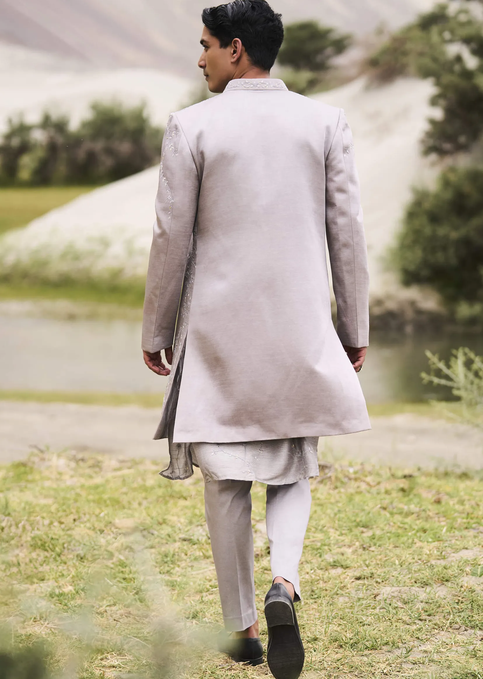 Grey Embroidered Linen Nawabi Suit
