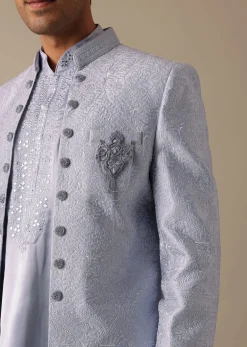 Grey Embroidered Sherwani And Kurta Set In Satin Silk