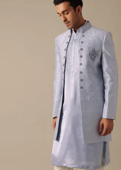 Grey Embroidered Sherwani And Kurta Set In Satin Silk