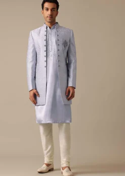 Grey Embroidered Sherwani And Kurta Set In Satin Silk